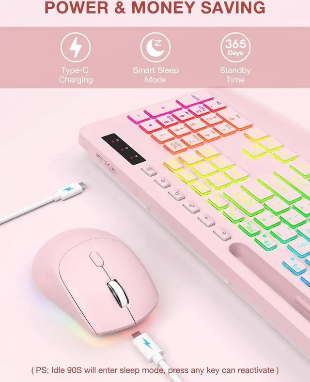 Alt view image 5 of 5 - Wireless Keyboard and Mouse Combo, 9 Backlit Effects, Wrist Rest, Phone Holder, 2.4G Lag-Free Ergonomic Keyboards, Rechargeable Silent Cordless Set for Computer, Laptop, Mac, Windows -SABLUTE(Pink)