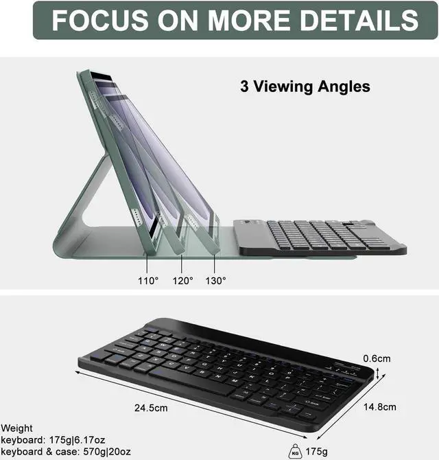 Alt view image 4 of 5 - Keyboard Case for Samsung Galaxy Tab A9+ Tablet 11", Dechatable Keyboard Bluetooth, Smart Cover with S Pen Holder, Synthetic Leather Folio for Tab A9 Plus, Dark Green