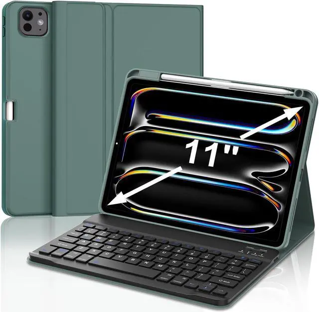Main image of SENGBIRCH Keyboard Case for iPad Pro 11-inch (M4) 2024, Smart Case for iPad Pro 11'' with Keyboard, Detachable Keyboard Bluetooth, w/Pencil Holder Synthetic Leather Folio, US English, Dark Green