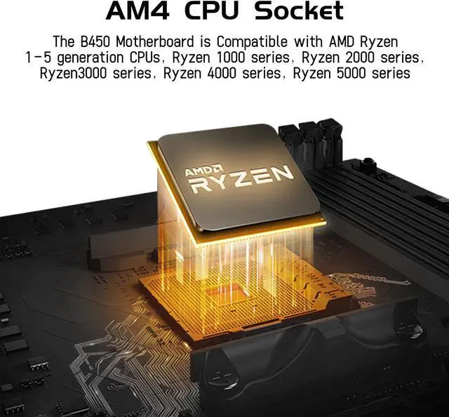 Alt view image 2 of 5 - SHANGZHOAYUAN B450 AM4-K Motherboard AMD Gaming Motherboard for Ryzen 1-5th gen Processors (M-ATX, DDR4 Max 128GB, NVME M.2, PCIe 3.0, SATA 3.0, USB 3.0, HDMI-Compatible, DP, Gigabit LAN)