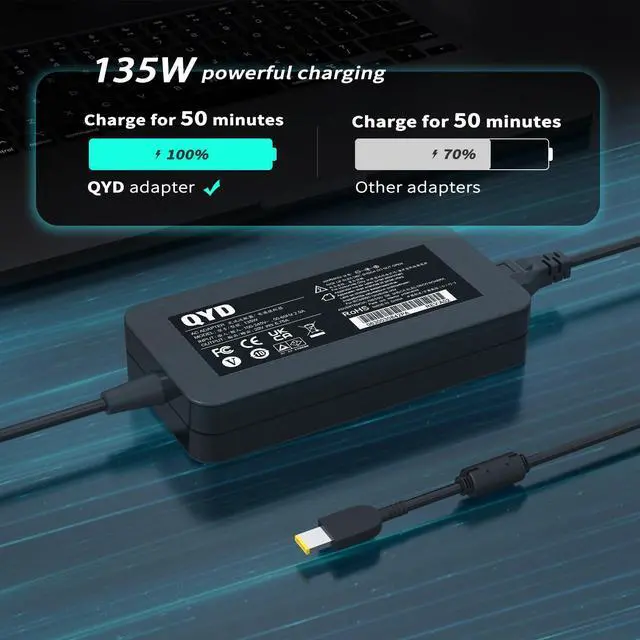 Alt view image 3 of 5 - QYD 135W 20V 6.75A AC Adapter Laptop Charger Compatible with Lenovo Yoga C940-15IRH Legion Y520 Y520-15IKBM Y530-15ICH Y700-15ACZ Yoga 9-15IMH5 720-15IKB ThinkPad X1 Extreme 1 2 3 4 Gen Power Cord
