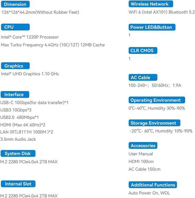 Alt view image 3 of 5 - Beelink EQI Mini PC W-11 Pro i3-1220P 16GB DDR4 500GB NVMe M.2 SSD Dual Display 4K@60Hz Output, Wi-Fi 6, RJ45, Built in PSU Office Mini Computer