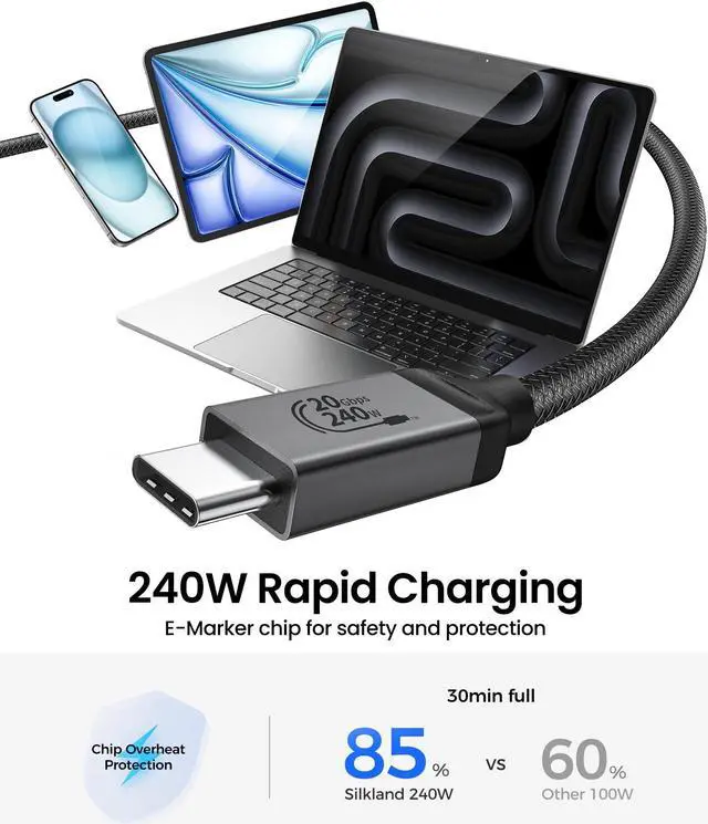 Alt view image 4 of 5 - Silkland USB 4 Cable for Thunderbolt 4 Cable 16.5FT, 20Gbps Data Sync, 5K/4K@60Hz, 240W Charging, Long Thunderbolt 3 Cable 5M, Compatible for MacBook, Monitor, Dock, iPhone 16/15, VR Headset, Camera