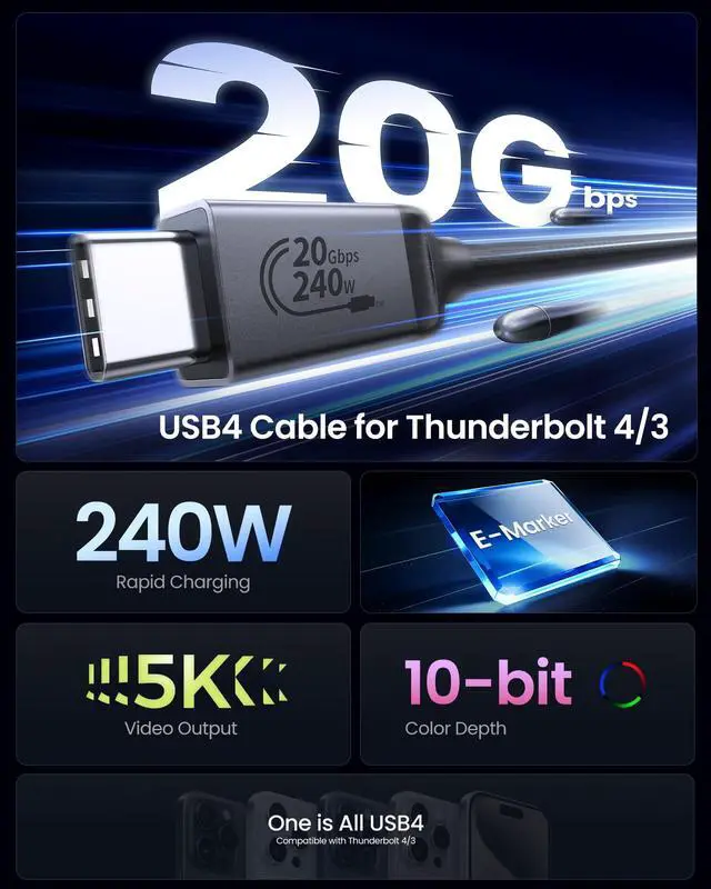 Alt view image 2 of 5 - Silkland USB 4 Cable for Thunderbolt 4 Cable 16.5FT, 20Gbps Data Sync, 5K/4K@60Hz, 240W Charging, Long Thunderbolt 3 Cable 5M, Compatible for MacBook, Monitor, Dock, iPhone 16/15, VR Headset, Camera