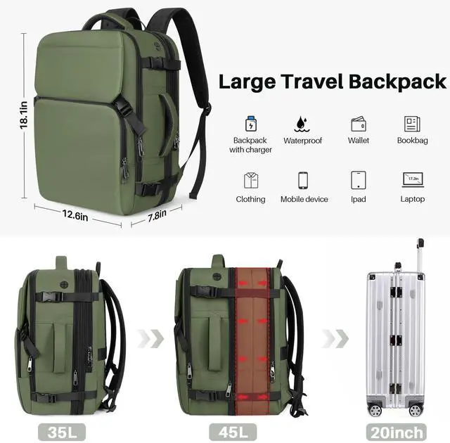 Alt view image 3 of 5 - Snoffic Travel Backpack Carry On Flight Approved, Lightweight Large Travel Backpack, Expandable with USB Charging Hole, Waterproof Causal Bookbag for Travel Work College Fits 17inch Laptop, Green