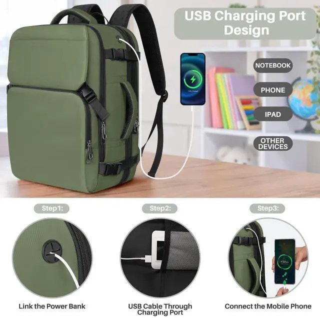 Alt view image 5 of 5 - Snoffic Travel Backpack Carry On Flight Approved, Lightweight Large Travel Backpack, Expandable with USB Charging Hole, Waterproof Causal Bookbag for Travel Work College Fits 17inch Laptop, Green