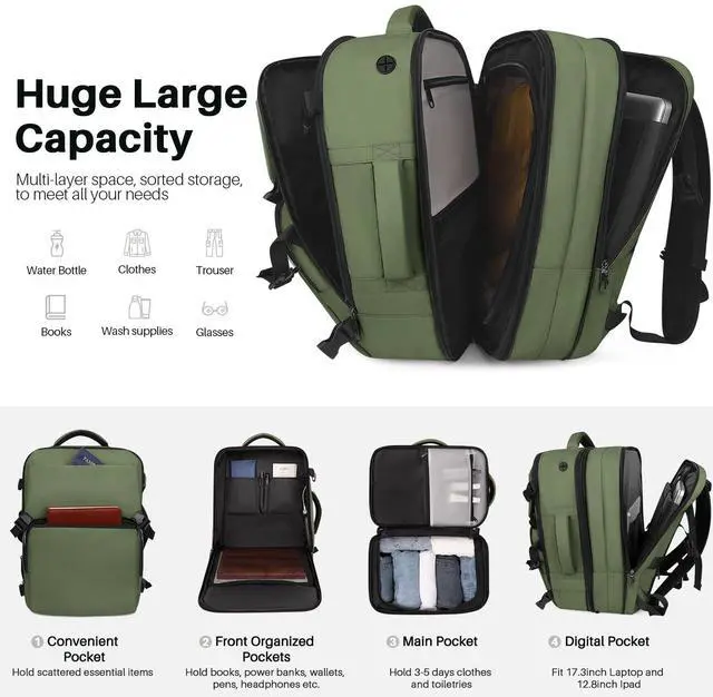 Alt view image 4 of 5 - Snoffic Travel Backpack Carry On Flight Approved, Lightweight Large Travel Backpack, Expandable with USB Charging Hole, Waterproof Causal Bookbag for Travel Work College Fits 17inch Laptop, Green