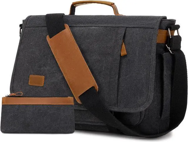 Main image of Messenger Bag for Men 15.7-17.3 Inch: 2PCS Laptop Work Leather Canvas Briefcase Carry On Large Computer for Office College Travel (Dark Gray)