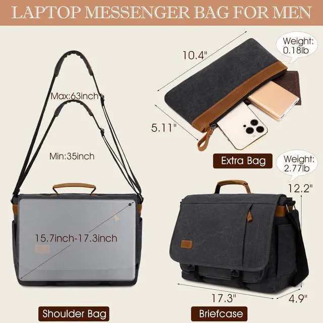 Alt view image 3 of 5 - Messenger Bag for Men 15.7-17.3 Inch: 2PCS Laptop Work Leather Canvas Briefcase Carry On Large Computer for Office College Travel (Dark Gray)
