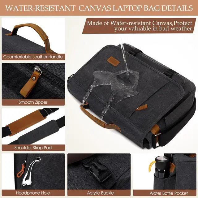 Alt view image 2 of 5 - Messenger Bag for Men 15.7-17.3 Inch: 2PCS Laptop Work Leather Canvas Briefcase Carry On Large Computer for Office College Travel (Dark Gray)