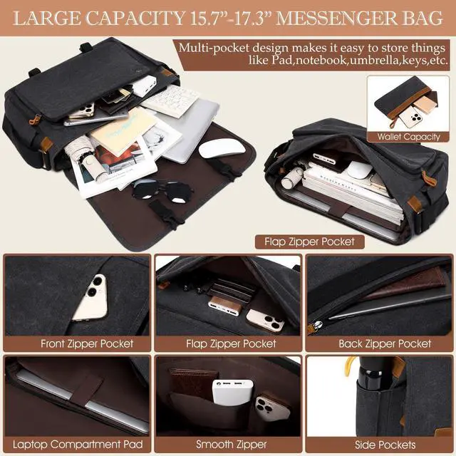 Alt view image 4 of 5 - Messenger Bag for Men 15.7-17.3 Inch: 2PCS Laptop Work Leather Canvas Briefcase Carry On Large Computer for Office College Travel (Dark Gray)