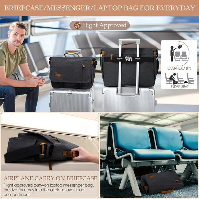 Alt view image 5 of 5 - Messenger Bag for Men 15.7-17.3 Inch: 2PCS Laptop Work Leather Canvas Briefcase Carry On Large Computer for Office College Travel (Dark Gray)