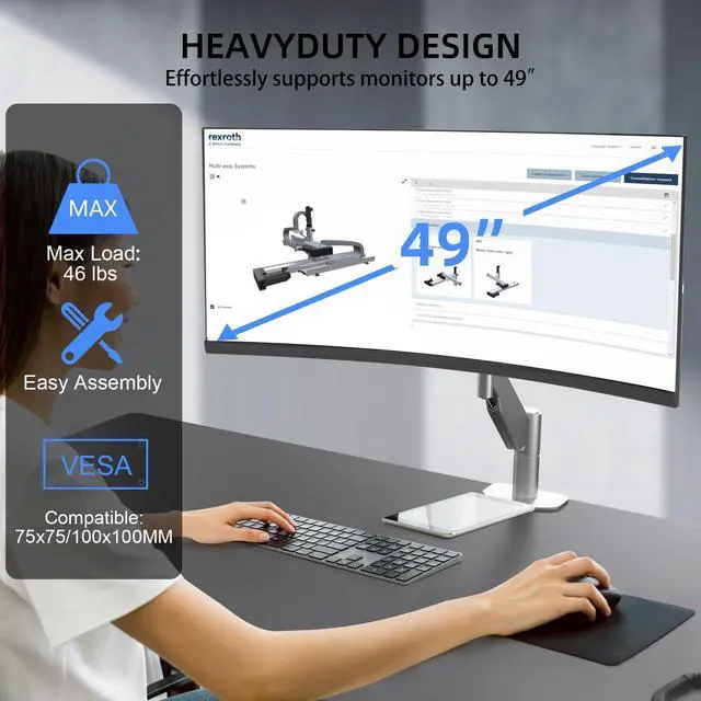 Alt view image 2 of 5 - Suptek Single Monitor Mount,Ultrawide Monitor Arm Mount Single Desk Mount Fit for 49 inches Screen, 46.2 lbs,Pneumatic Height,C-Clamp and Grommet Desk Mount,Silver