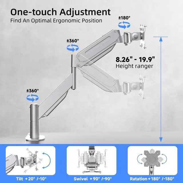Alt view image 3 of 5 - Suptek Single Monitor Mount,Ultrawide Monitor Arm Mount Single Desk Mount Fit for 49 inches Screen, 46.2 lbs,Pneumatic Height,C-Clamp and Grommet Desk Mount,Silver
