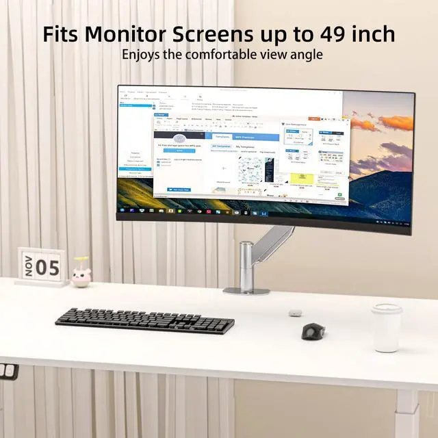 Alt view image 4 of 5 - Suptek Single Monitor Mount,Ultrawide Monitor Arm Mount Single Desk Mount Fit for 49 inches Screen, 46.2 lbs,Pneumatic Height,C-Clamp and Grommet Desk Mount,Silver