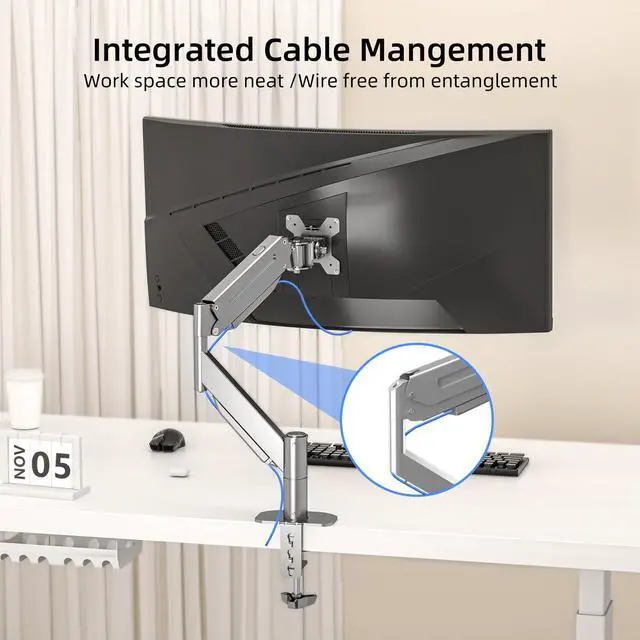 Alt view image 5 of 5 - Suptek Single Monitor Mount,Ultrawide Monitor Arm Mount Single Desk Mount Fit for 49 inches Screen, 46.2 lbs,Pneumatic Height,C-Clamp and Grommet Desk Mount,Silver
