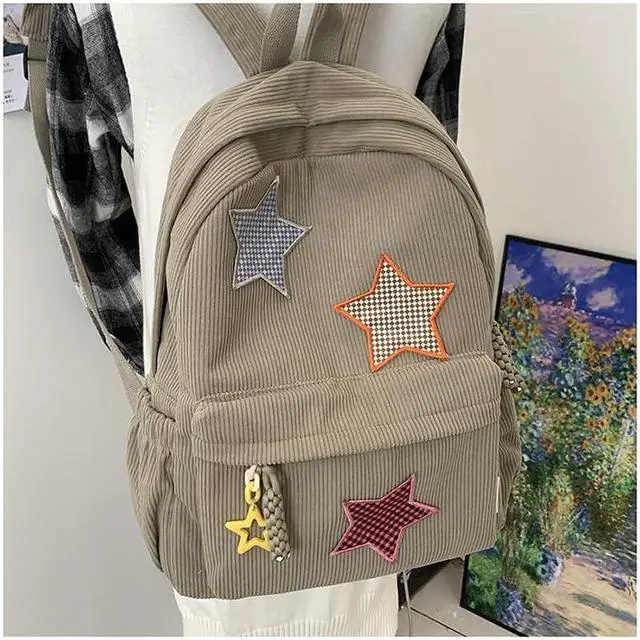 Alt view image 4 of 5 - Taolivingmart Corduroy Backpack with Star Pattern, Trendy and Versatile, Fits 14'' Laptop Large Capacity Daily Commute (Beige)