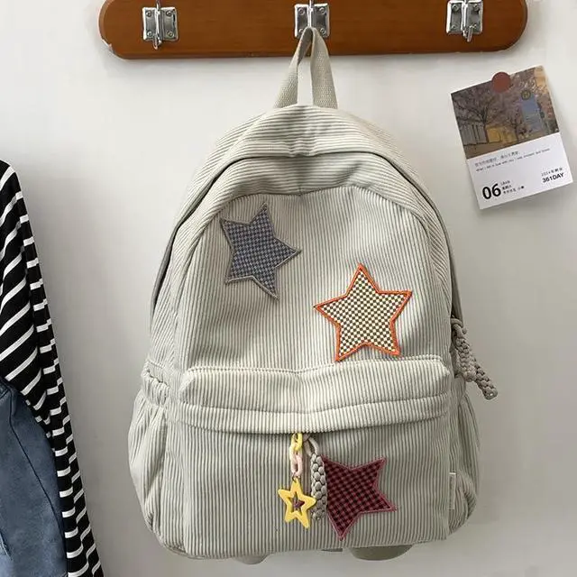 Alt view image 2 of 5 - Taolivingmart Corduroy Backpack with Star Pattern, Trendy and Versatile, Fits 14'' Laptop Large Capacity Daily Commute (Beige)