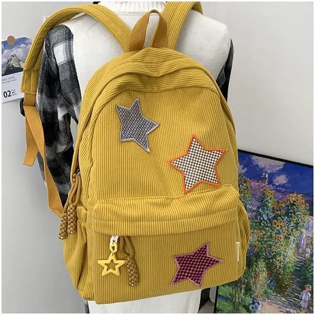 Alt view image 5 of 5 - Taolivingmart Corduroy Backpack with Star Pattern, Trendy and Versatile, Fits 14'' Laptop Large Capacity Daily Commute (Beige)