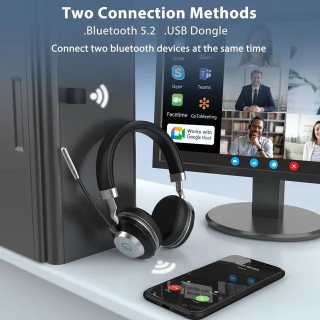 Alt view image 4 of 5 - Wireless Headset, V5.2 Bluetooth Headset with Noise Cancelling Microphone, 45Hrs Working Time Wireless Headphones with Mic Mute & USB Dongle, Wireless Headset with Mic for Work/Computer/Office/Zoom
