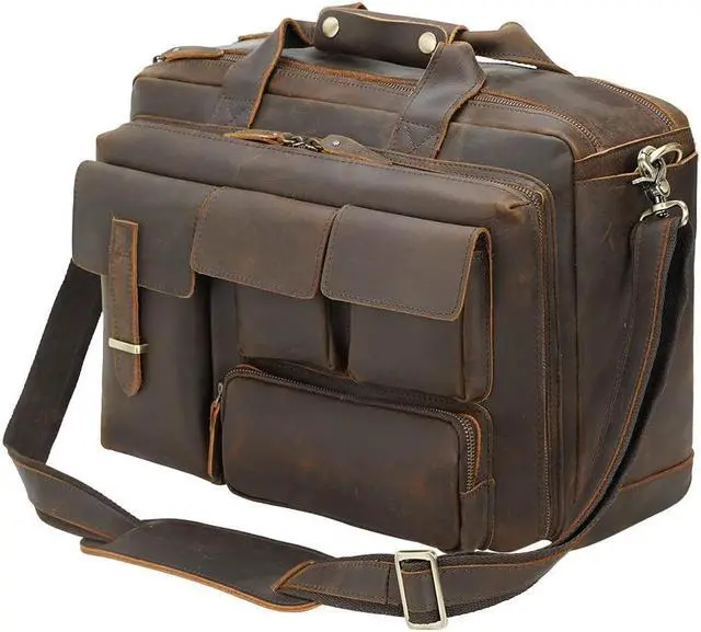 Main image of TIDING Full Grain Leather Briefcase For Men 17.3 Inch Laptop Case Multi Pockets Business Travel Messenger Bag