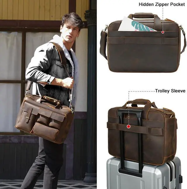 Alt view image 3 of 5 - TIDING Full Grain Leather Briefcase For Men 17.3 Inch Laptop Case Multi Pockets Business Travel Messenger Bag