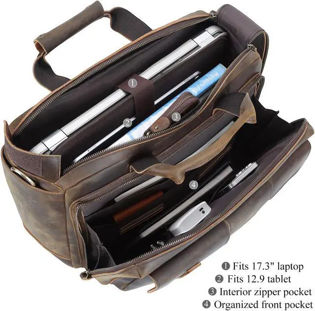 Alt view image 4 of 5 - TIDING Full Grain Leather Briefcase For Men 17.3 Inch Laptop Case Multi Pockets Business Travel Messenger Bag