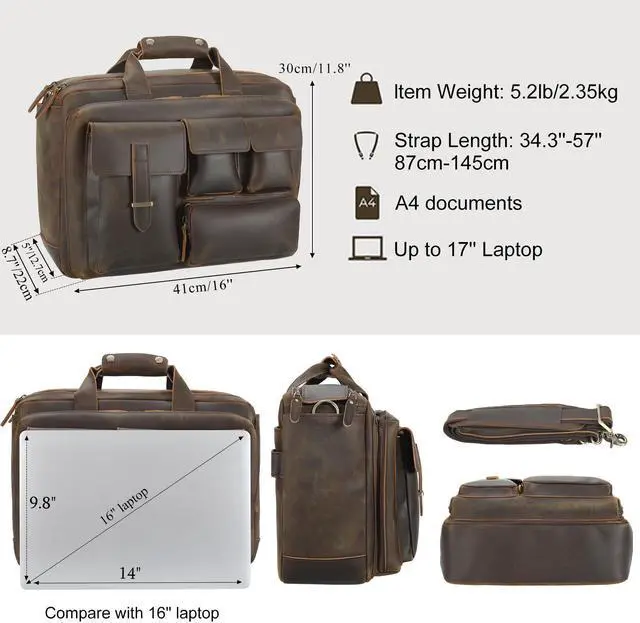 Alt view image 5 of 5 - TIDING Full Grain Leather Briefcase For Men 17.3 Inch Laptop Case Multi Pockets Business Travel Messenger Bag