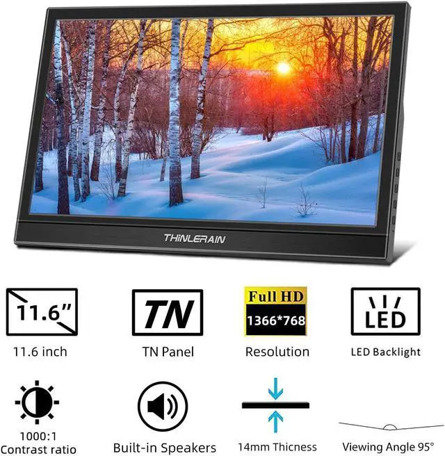 Alt view image 2 of 5 - Thinlerain Small Portable Monitor - 11.6 inch Dual HDMI Mini Laptop Monitor, 1366 x 768 TN LED Display External Monitor for Laptop and Computer, Build in Speakers