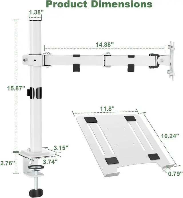 Alt view image 3 of 5 - UPGRAVITY White Laptop Desk Mount with Vented Tray for Notebook up to 17 inch, Fully Adjustable Single Laptop Arm Stand Holds up to 17.6 lbs, Clamp on/Grommet Mounting