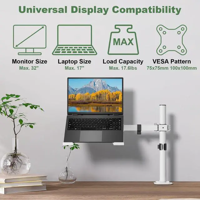 Alt view image 2 of 5 - UPGRAVITY White Laptop Desk Mount with Vented Tray for Notebook up to 17 inch, Fully Adjustable Single Laptop Arm Stand Holds up to 17.6 lbs, Clamp on/Grommet Mounting