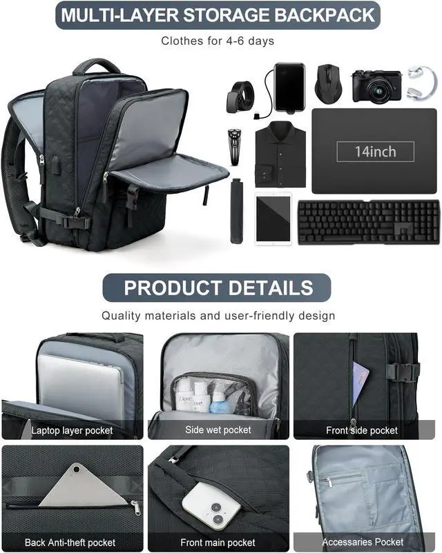 Alt view image 5 of 5 - VGCUB Large Travel Backpack for Women Men, Carry on Backpack Airline Approved Gym Backpack Waterproof Business Laptop Daypack, Grayish Blackish