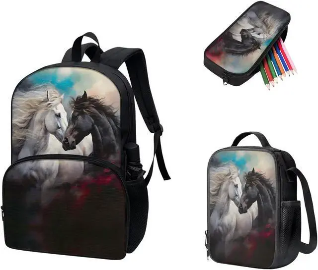 Main image of Viewamoon Horse Backpacks For Girls Set 3 pcs Portable Large Lunch Cooler Box With Water Bottle Pocket And Pencil Case Large Preschool Bookbag for Toddler Girls 6-8 Age