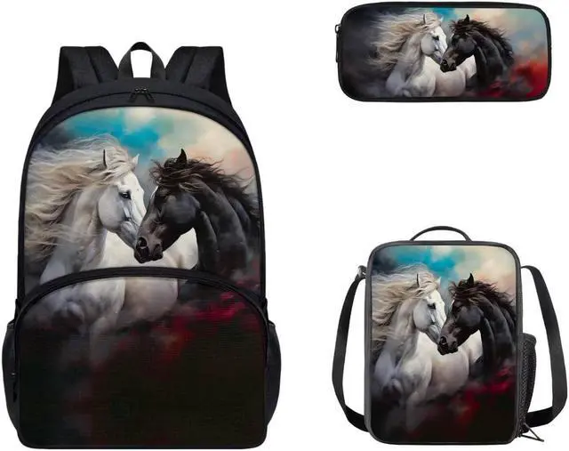 Alt view image 2 of 5 - Viewamoon Horse Backpacks For Girls Set 3 pcs Portable Large Lunch Cooler Box With Water Bottle Pocket And Pencil Case Large Preschool Bookbag for Toddler Girls 6-8 Age