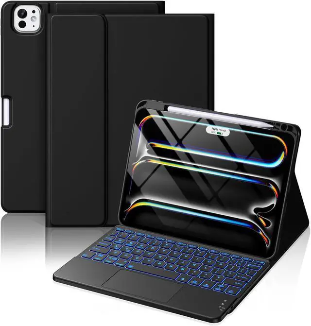 Main image of Hamile for iPad Pro 11-inch Case with Keyboard (M4) - Magnetic Wireless Keyboard with Multi-Touch Trackpad 7 Colors Backlit Stain Proof Folio Keyboard Cover for iPad Pro 11 Inch 2024 - Black