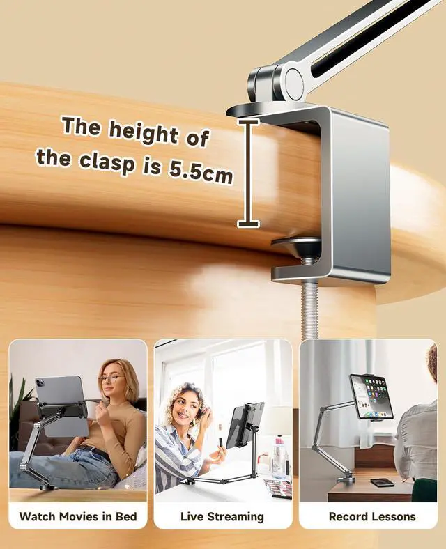 Alt view image 2 of 5 - YICOSUN Adjustable Desk Mount - Super Grip Tablet Arm Holder, 360deg Rotatable Stand - Compatible with iPad Pro, Tab S9 Ultra, Wacom & Drawing Tablets