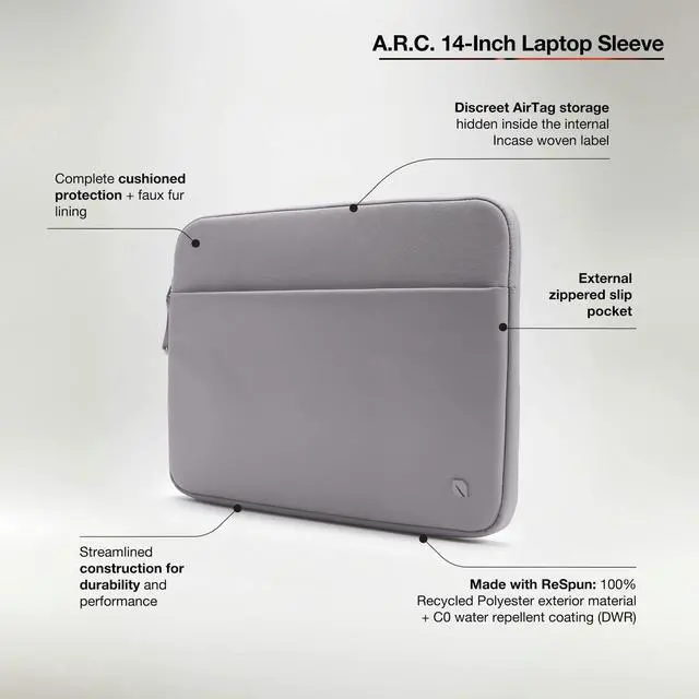 Alt view image 2 of 5 - Incase A.R.C. Sleeve with ReSpun 100% Recycled Polyester - 14" MacBook/Laptop & iPad/Tablet Case - Cushioned Faux Fur Lining, External Zippered Slip Pocket, Discreet Airtag Storage - Grey