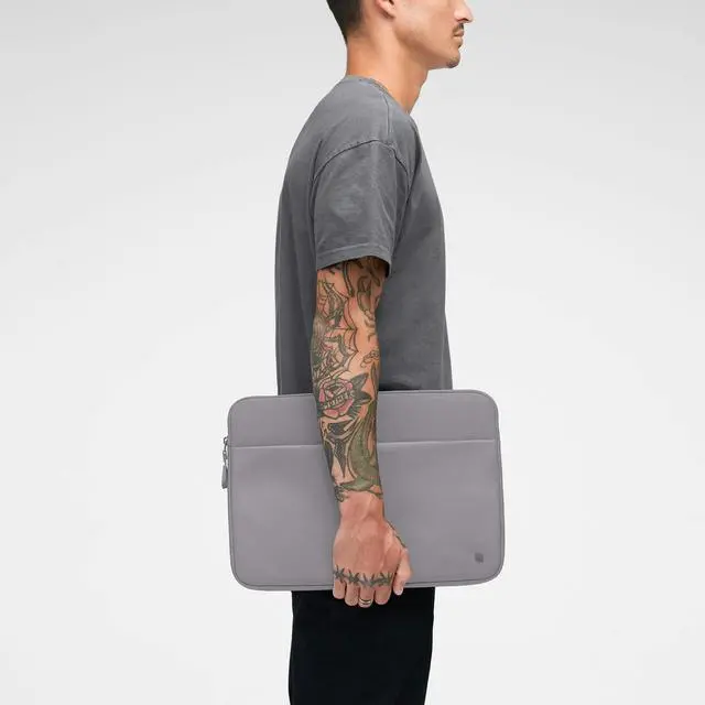 Alt view image 4 of 5 - Incase A.R.C. Sleeve with ReSpun 100% Recycled Polyester - 14" MacBook/Laptop & iPad/Tablet Case - Cushioned Faux Fur Lining, External Zippered Slip Pocket, Discreet Airtag Storage - Grey