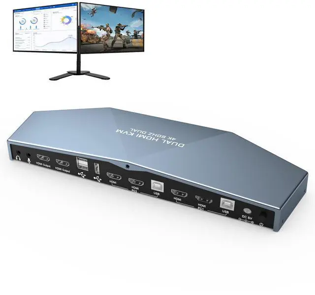 Main image of Dual Monitor HDMI 2.0 KVM Switch 2 Port Extended Display 4K@60Hz, USB KVM Switch HDMI 2 in 2 Out with Audio Microphone Output and 3 USB 2.0 Hub, 2 HDMI Monitors 2 Computers Switch, with 2 USB Cables