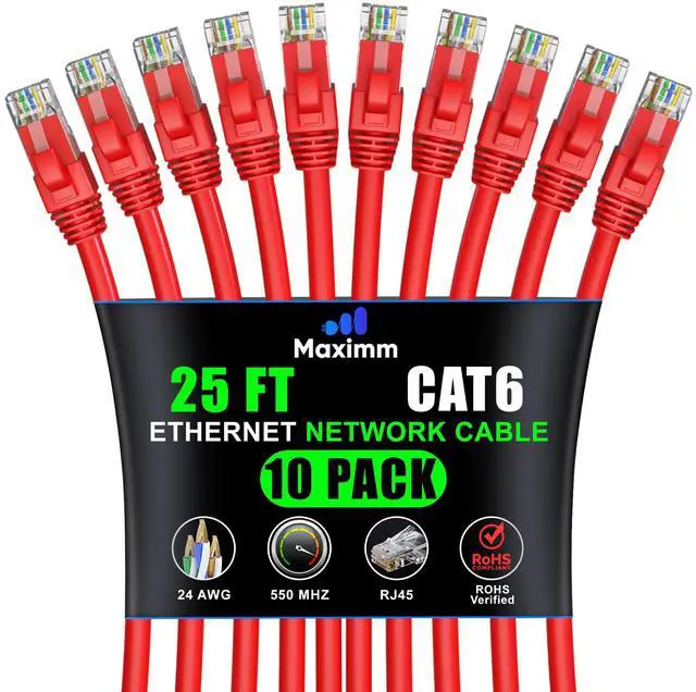 Main image of Maximm Cat 6 Ethernet Cable 25 ft (10-Pack) - High-Speed LAN Cable, Internet Cable, Patch Cable, and Network Cable - UTP, 10Gbps, 550MHz Ethernet Cord - Red
