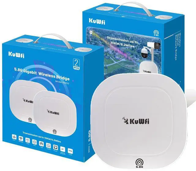 Main image of KuWFi 5.8G Gigabit Point to Point WiFi Bridge Kit,TDMA Long Range Outdoor Access Point,10KM Point to Point Wireless Bridge CPE, Extending WiFi to outbuildings,Support Starlink Router/Camera