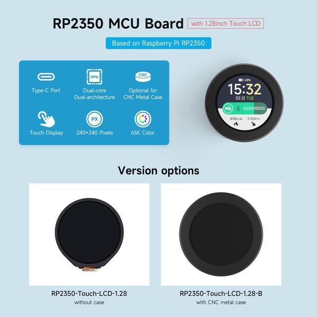 Alt view image 3 of 5 - Waveshare RP2350 MCU Board, with 1.28inch Round Touch LCD, Dual-core & Dual-Architecture Design, 240x240 Pixels, 65K Color, IPS Panel, Optional for CNC Metal Case