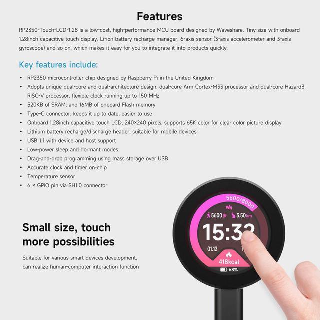 Alt view image 4 of 5 - Waveshare RP2350 MCU Board, with 1.28inch Round Touch LCD, Dual-core & Dual-Architecture Design, 240x240 Pixels, 65K Color, IPS Panel, Optional for CNC Metal Case