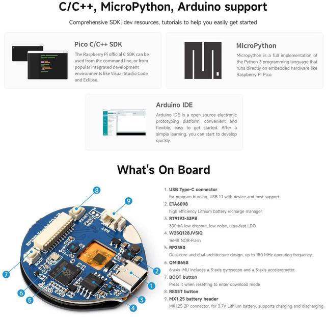 Alt view image 5 of 5 - Waveshare RP2350 MCU Board, with 1.28inch Round Touch LCD, Dual-core & Dual-Architecture Design, 240x240 Pixels, 65K Color, IPS Panel, Optional for CNC Metal Case