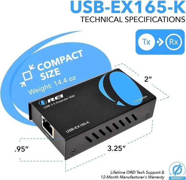 Alt view image 5 of 5 - OREI USB Over Cat5e/6 Extender Upto 165 Feet - Extends USB 2.0 Signal Over LAN Ethernet with 2 Ports - Power Over Cable for Long Distance Extension Supports All Operating System (USB-EX165-K)