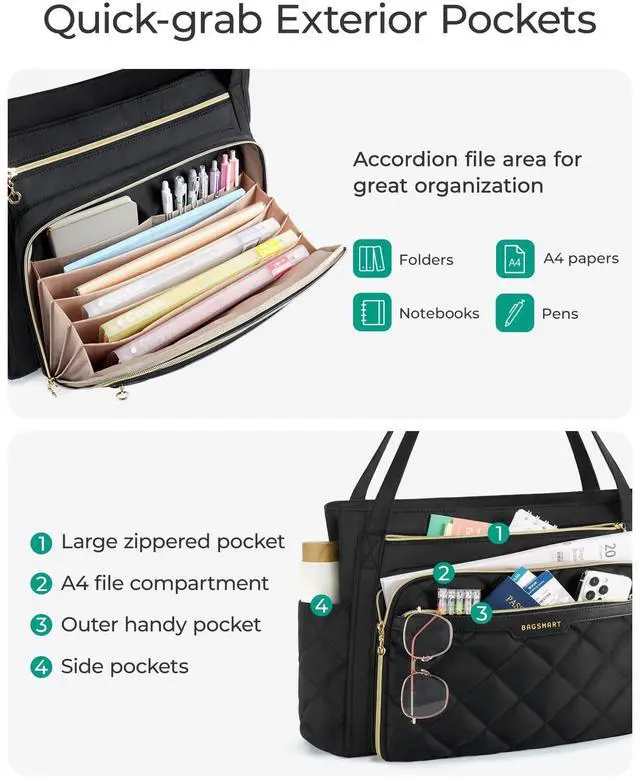Alt view image 3 of 5 - BAGSMART Teacher Tote Bag for Women 15.6in Quilted with Insulated Pocket & Nurse Bag Features (Brown)
