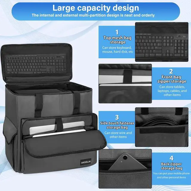 Alt view image 5 of 5 - AKOZLIN Desktop Gaming Computer Tower PC Chassis Carrying Case Travel Storage Bag for Keyboard Mouse Accessories Grey