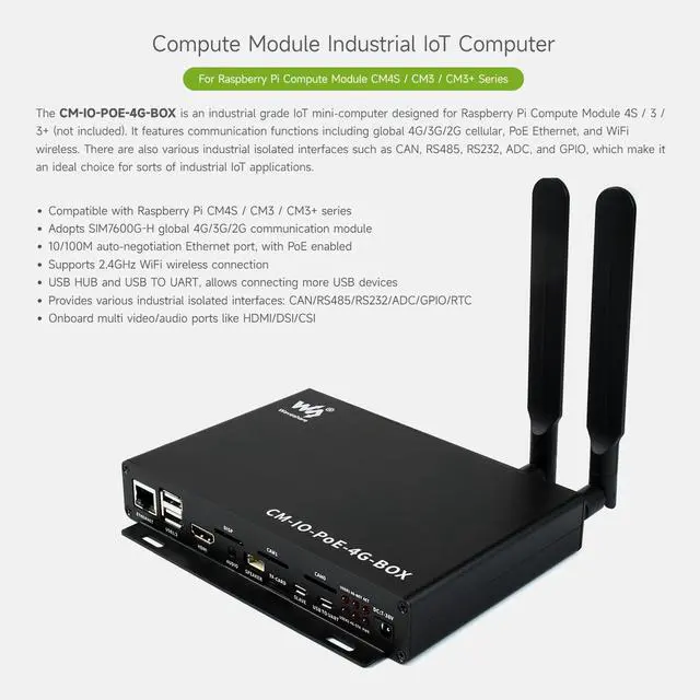 Alt view image 3 of 5 - Waveshare Compute Module Industrial IoT Mini-Computer with 4G Connectivity and PoE Feature for Raspberry Pi CM4S/CM3/ CM3+ Series