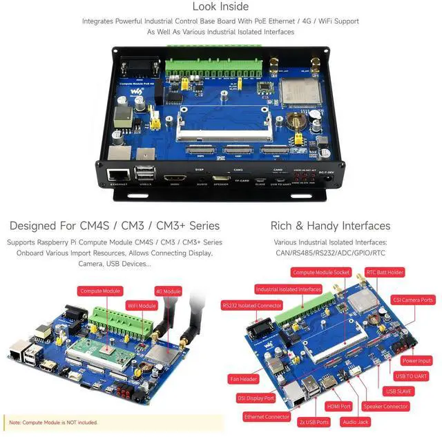 Alt view image 5 of 5 - Waveshare Compute Module Industrial IoT Mini-Computer with 4G Connectivity and PoE Feature for Raspberry Pi CM4S/CM3/ CM3+ Series