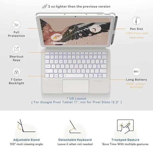 Alt view image 2 of 5 - EIP Magnetix Keyboard Case for Google Pixel Tablet 11 inch (2023), Adjustable Viewing Angle, Detachable, Easy Carry, Protective Cover Compatible with Speaker Dock, 7 Backlight Color, White, US Layout